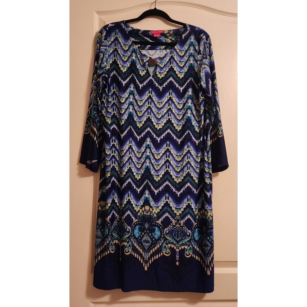 Sunny Leigh Blue Green Chevron Medallion Print Keyhole Shift Dress Womens Large